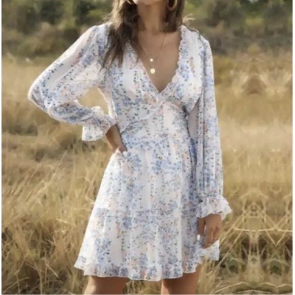 Angel Biba Floral White Blue Open Back Ruffle Chiffon Dress Size Medium Boho - Picture 1 of 10
